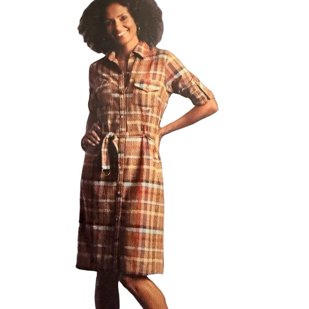 Vtg White Stag Dress 12 Plaid‎ Midi Shirtdress Linen Blend Belt Button Front Y2K